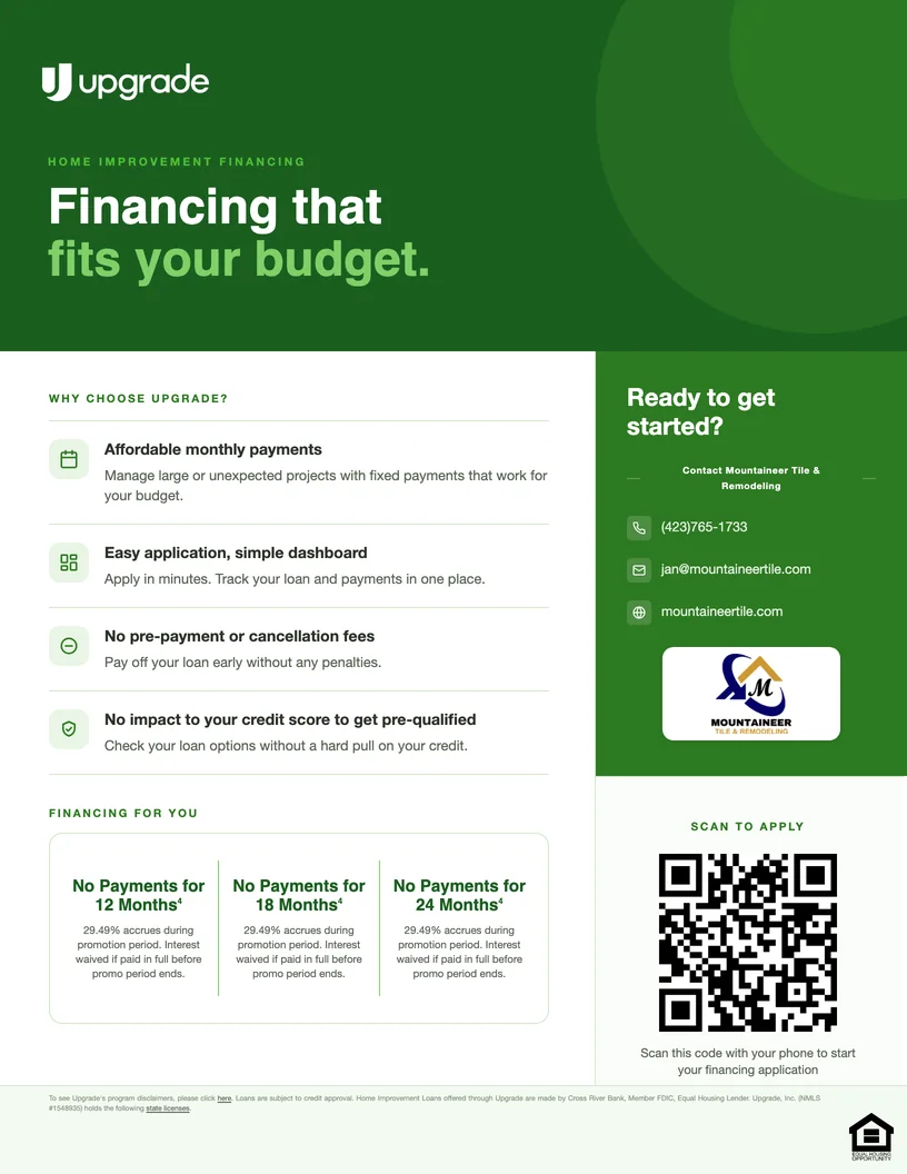 Upgrade financing flyer: no payments for 12, 18 or 24 months, with a QR code to apply