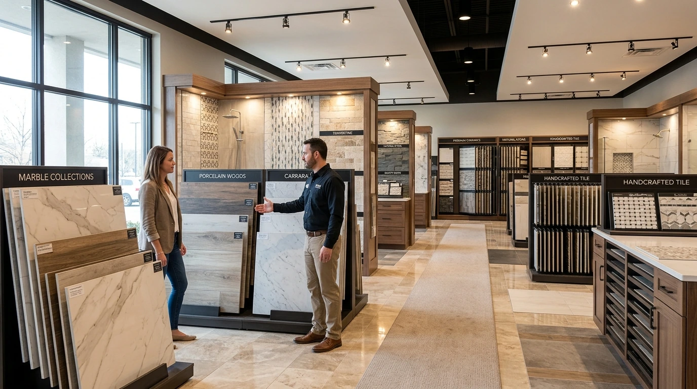 Pulling tile samples from the racks at the Kingsport showroom