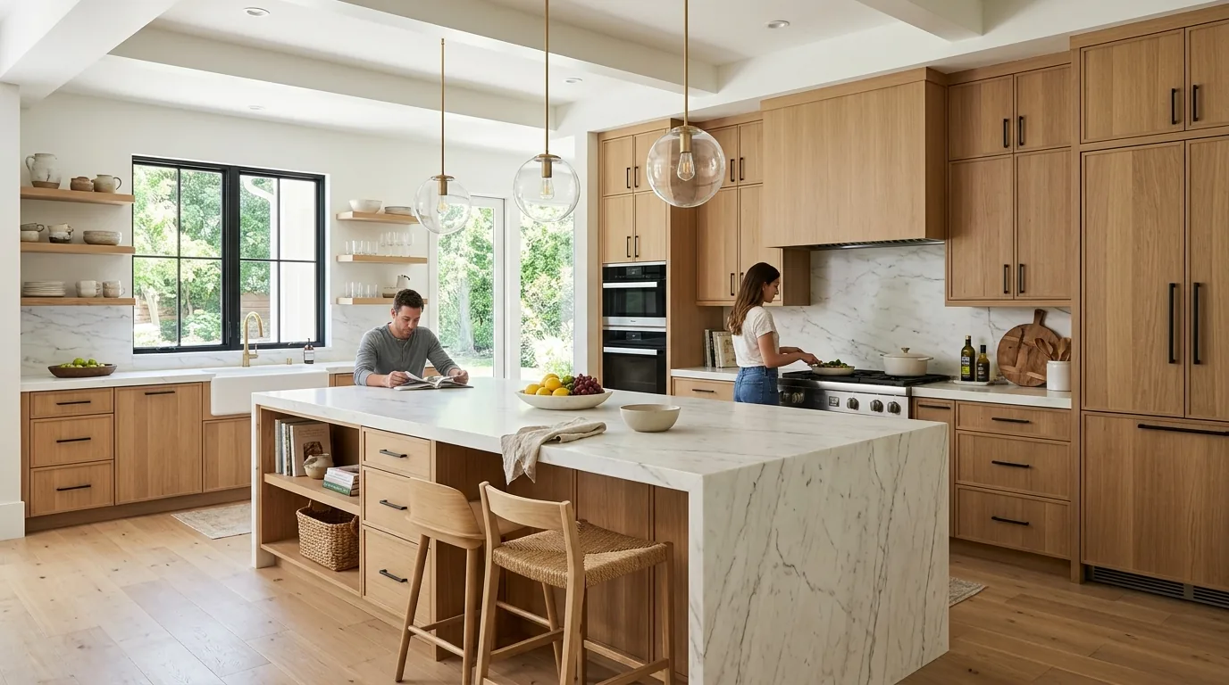 Open kitchen with island seating and open shelving