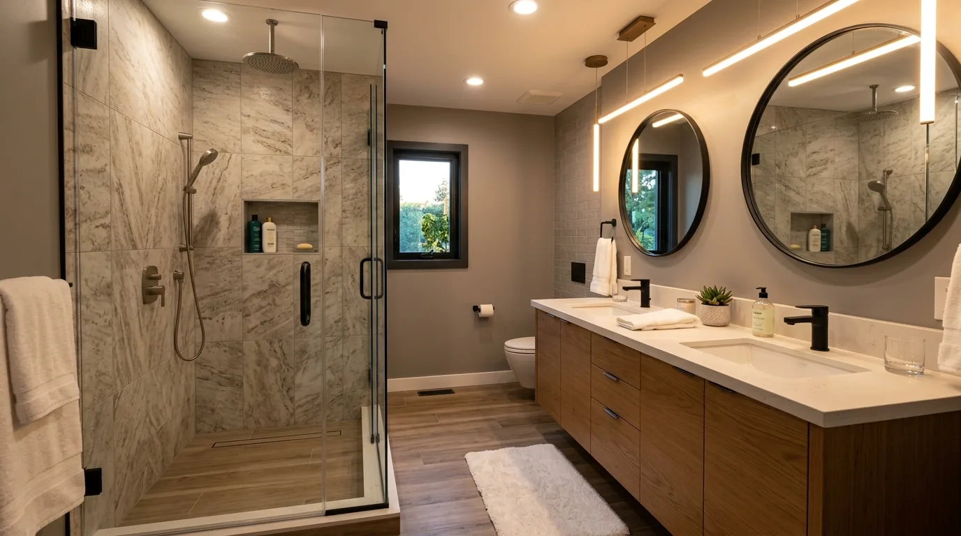 Master bathroom with a walk-in tiled shower and twin round mirrors