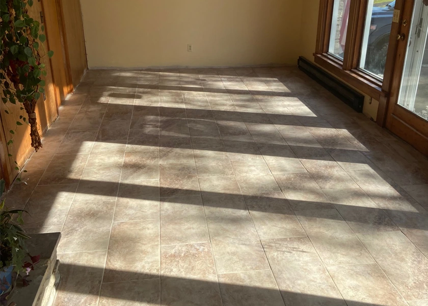 Large-format stone-look tile flooring