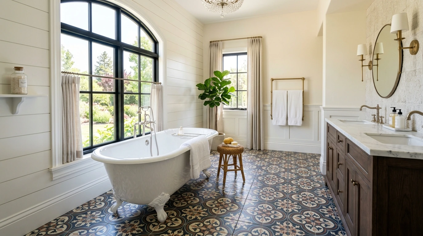 Bathroom remodel with a freestanding tub and patterned tile floor