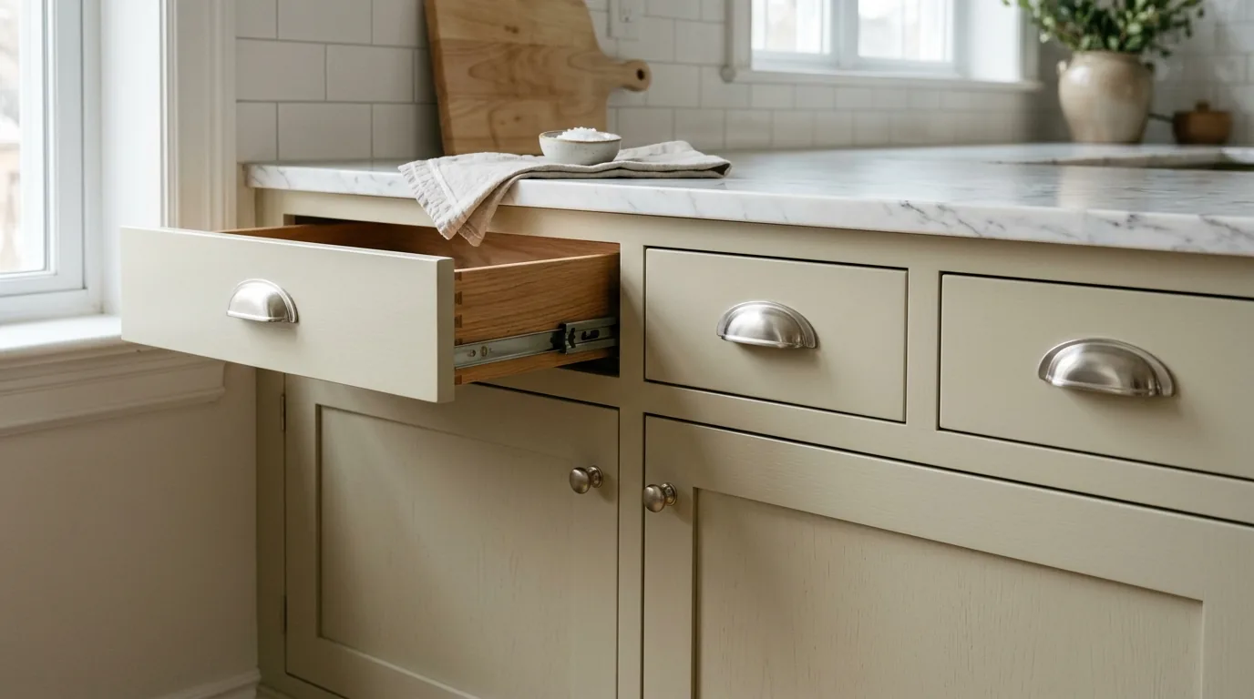 Cabinet drawer detail showing solid hardwood dovetail construction