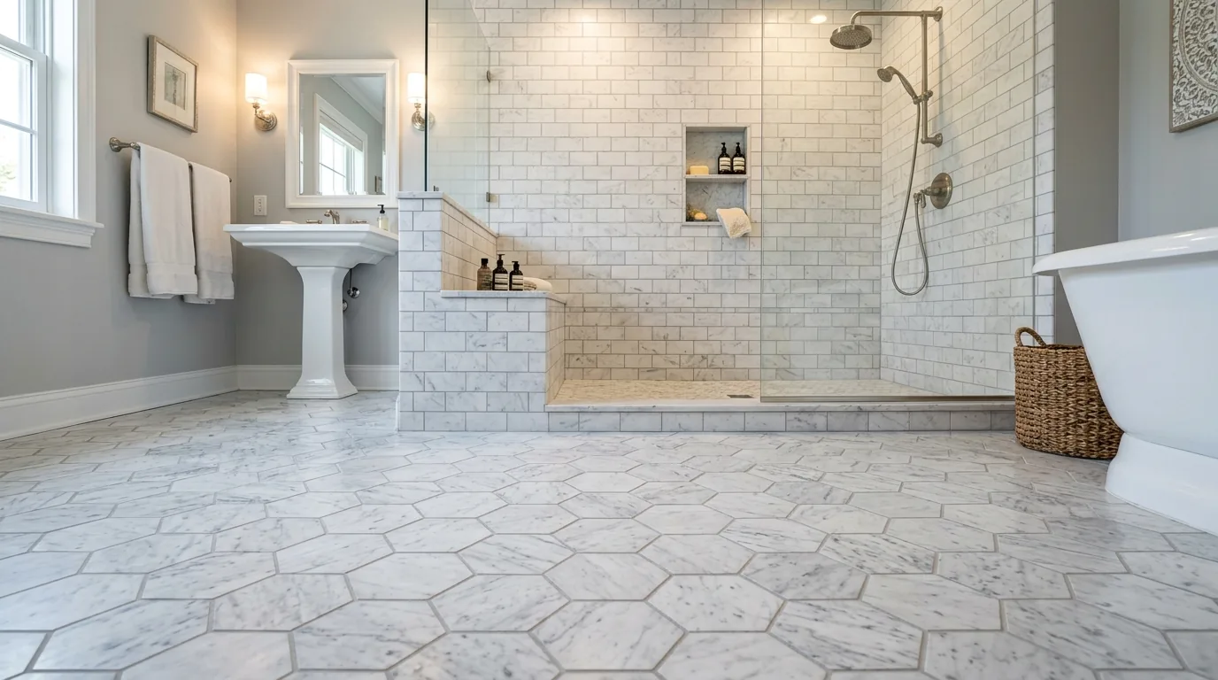 Hexagon marble tile flooring installed in a Tri-Cities bathroom