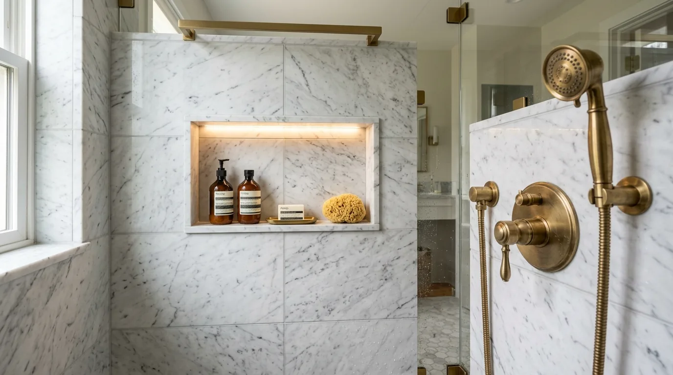Tiled shower with a built-in niche and brass fixtures