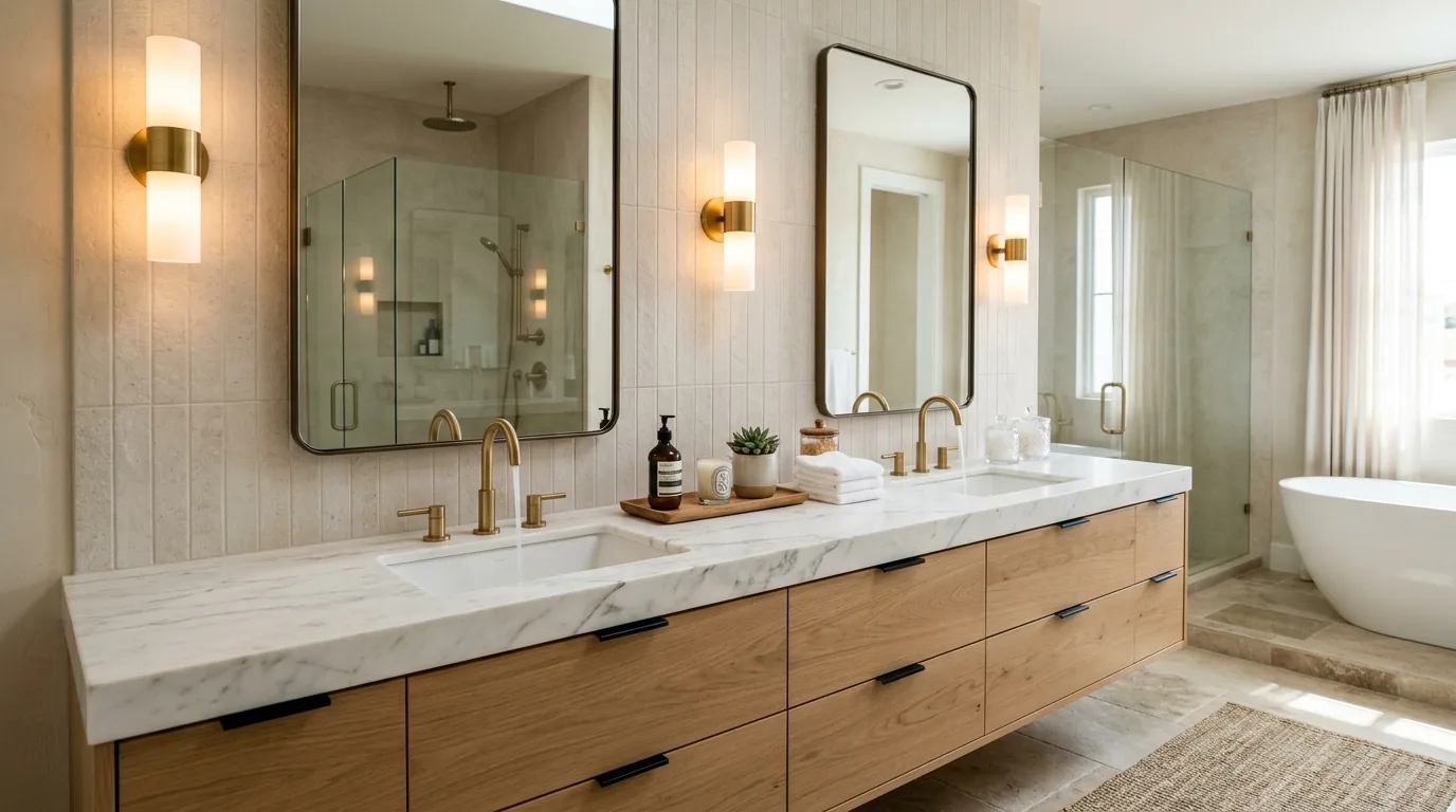 Bathroom double vanity with custom cabinetry and a stone top