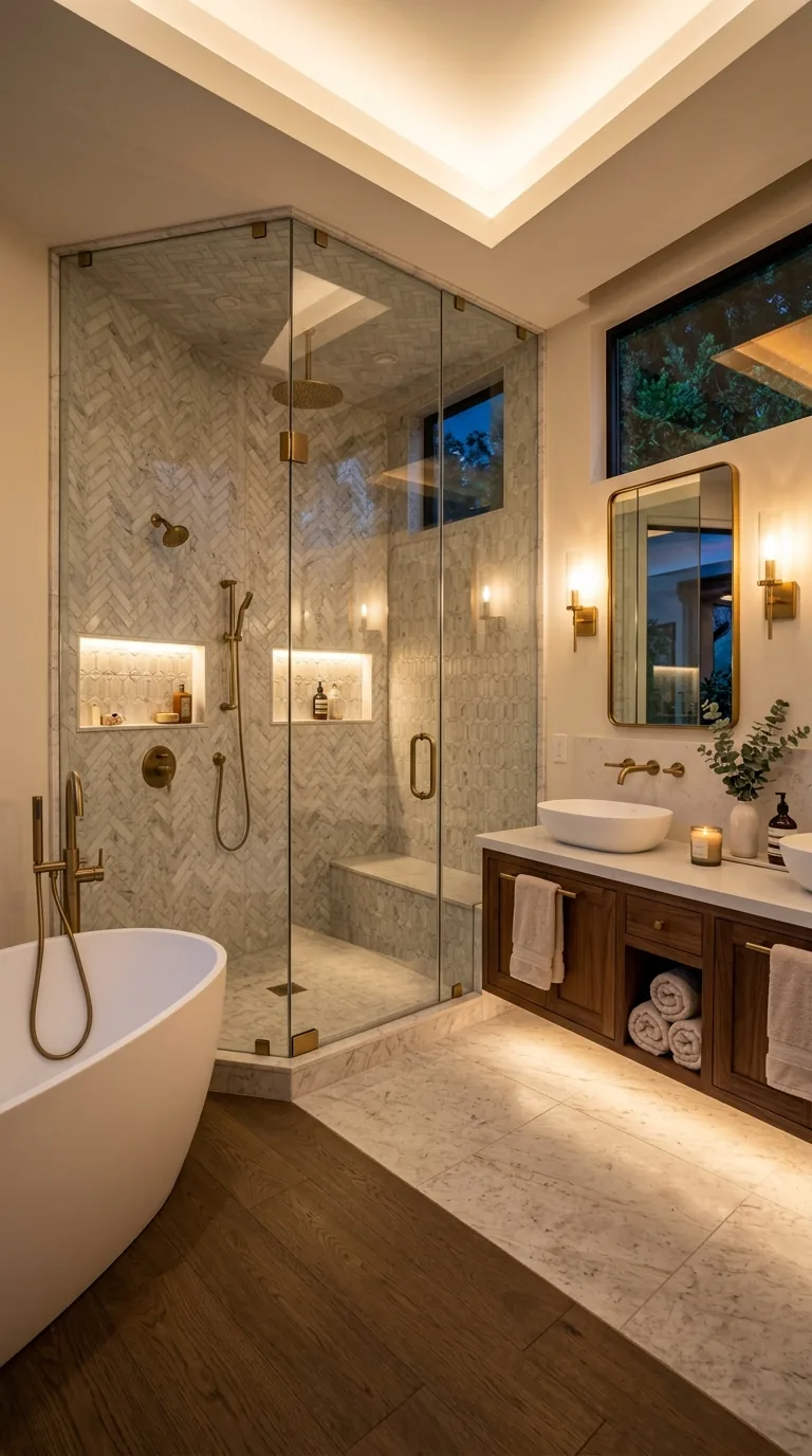 Finished bathroom remodel with a glass-enclosed tiled shower and freestanding tub
