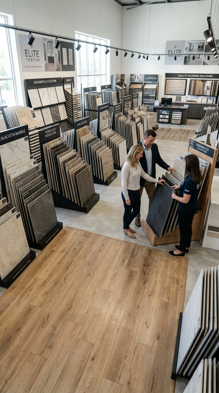 Tile and flooring displays at the Kingsport showroom