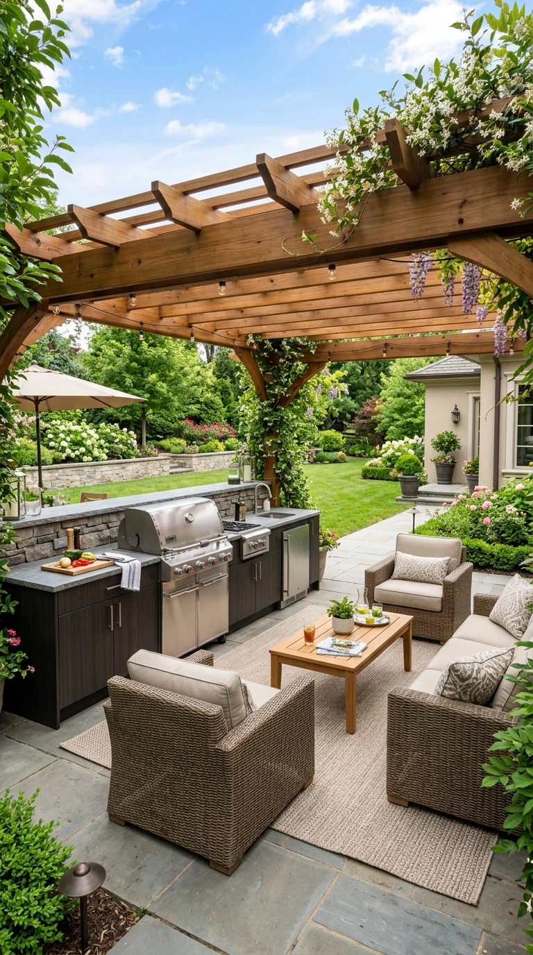 Covered outdoor living space with a pergola and lounge seating