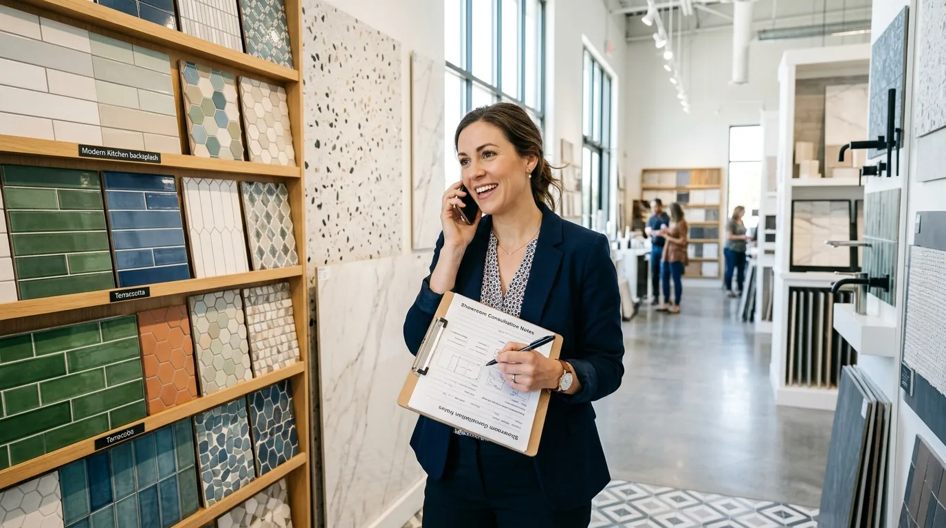 Team member taking a consultation call in the showroom