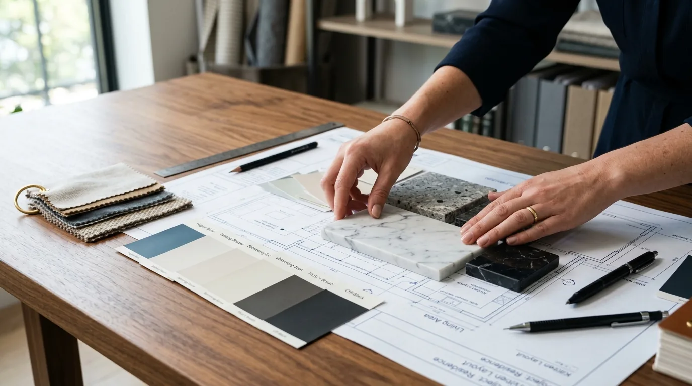 Choosing tile, cabinetry and finishes from samples during a design consultation