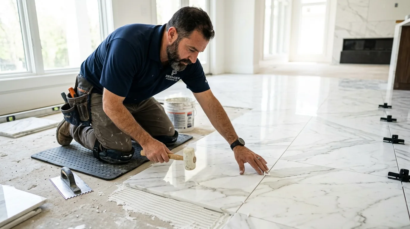 Large-format marble tile being set over a Schluter uncoupling membrane